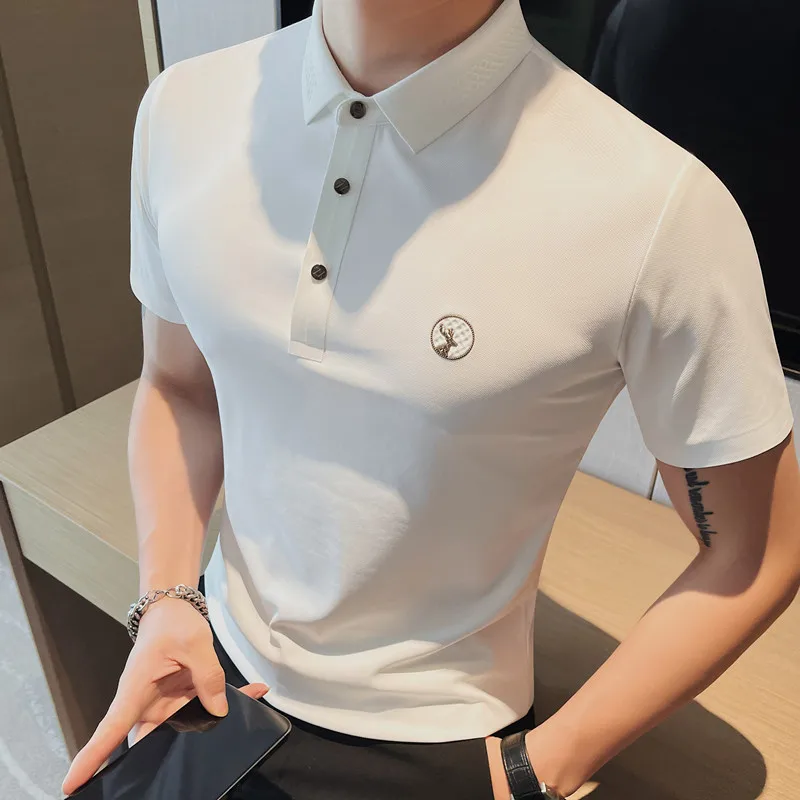 2023 Новая мужская летняя рубашка-поло из ледяного шелка с короткими рукавами, тонкая, легкая, роскошная мужская приталенная, офисная, элегантная повседневная