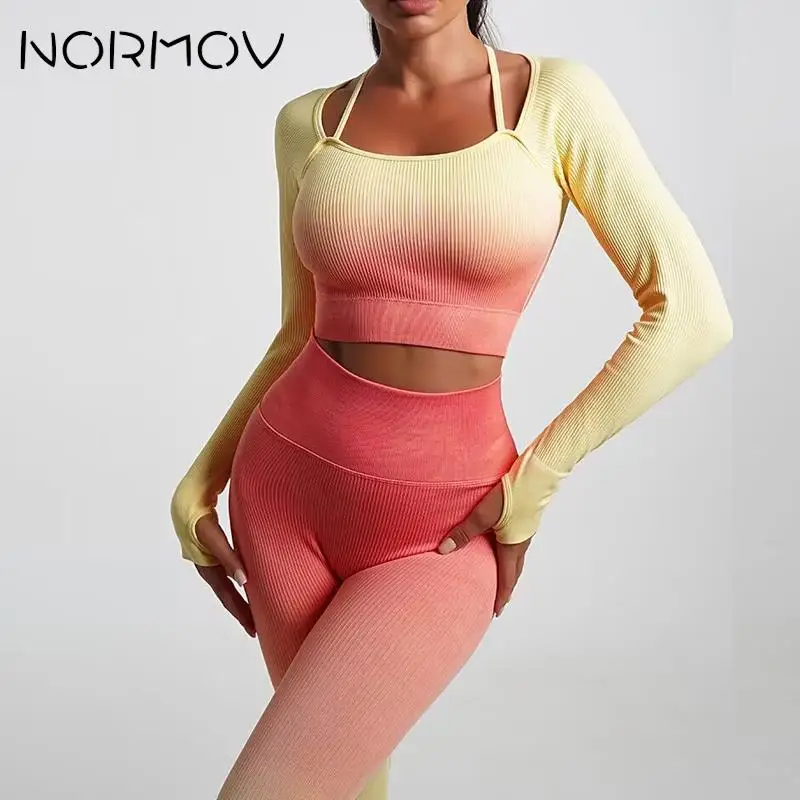 NORMOV Бесшовный комплект для йоги, Градиентный Женский спортивный комплект, женский спортивный костюм из двух частей, облегающая одежда для йоги, Дышащий Эластичный комплект для спортзала