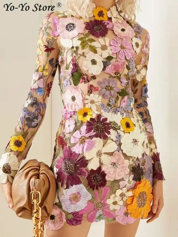 Элегантное Роскошное Женское мини-платье с цветочной вышивкой, платья с длинным рукавом и полуприлегающим воротником 2023, Весенняя вечеринка Lady Vestido