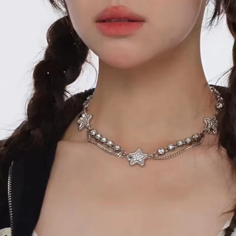 Звездообразное многослойное ожерелье, цепочка-чокер с кисточками, ожерелье, ювелирная цепочка на ключицу, модное ожерелье с пентаграммой-шармом