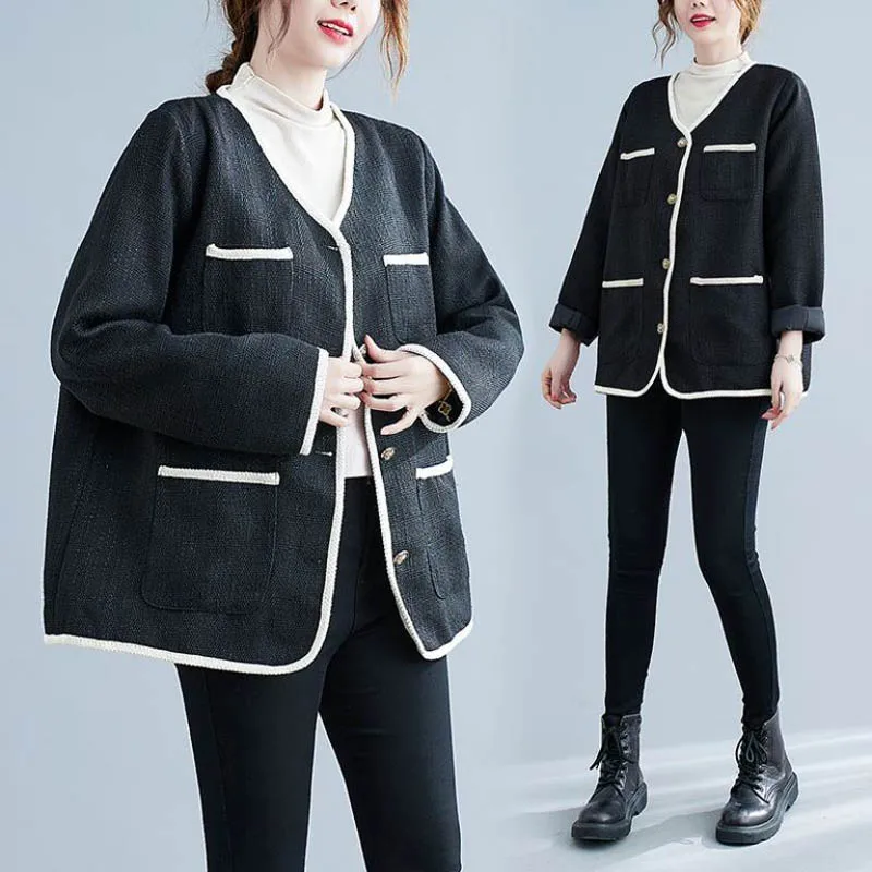 Женский бюст большого размера 150 кг, Осеннее свободное пальто с V-образным вырезом и длинным рукавом, маленькое ароматное пальто черного цвета-6XL 7XL 8XL 9XL 0