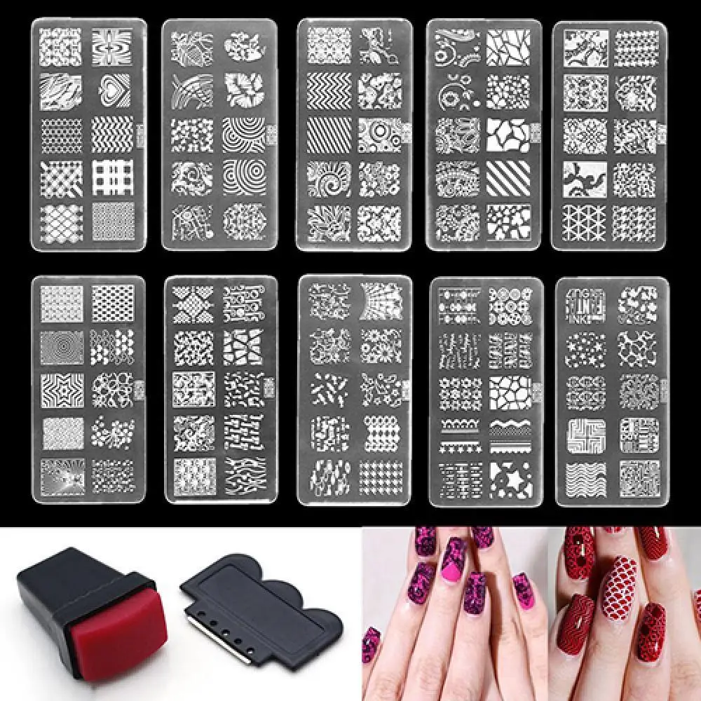 Женский набор из 10 дизайнов, легко окрашиваемый шаблон, лак для ногтей, скребок для стемпинга, пластина для ногтей 