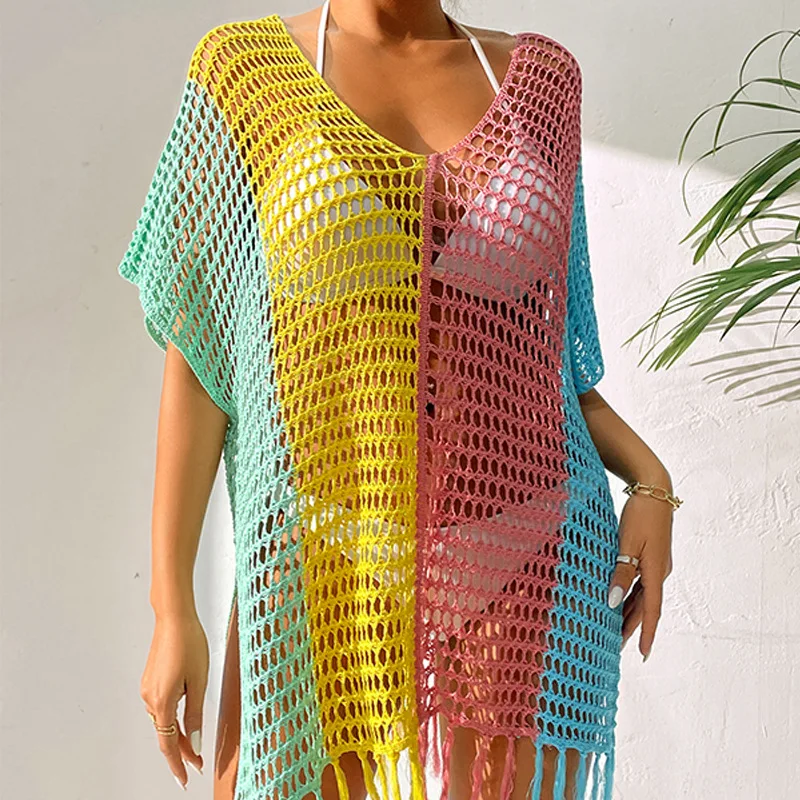 Новый сексуальный топ контрастного цвета, свободный пуловер с V-образным вырезом и кисточками, пляжный солнцезащитный костюм, бикини, пляжная накидка, женская футболка 1