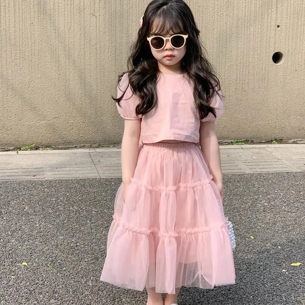 Укороченный топ для девочек с милым бантом + Розовая тюлевая юбка, комплект одежды принцессы для малышей, модные летние наряды для детей