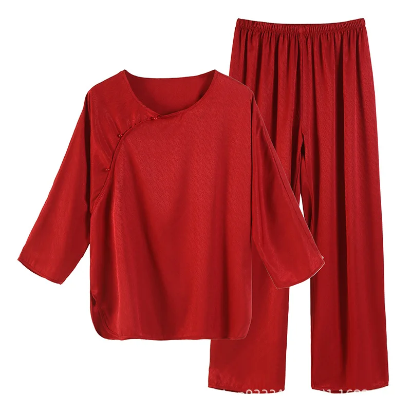 QSROCIO Модный атласный пижамный комплект в китайском стиле с рисунком в елочку, женская весенне-осенняя повседневная домашняя одежда, похожая на шелк.