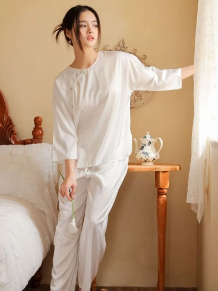 QSROCIO Модный атласный пижамный комплект в китайском стиле с рисунком в елочку, женская весенне-осенняя повседневная домашняя одежда, похожая на шелк. 4