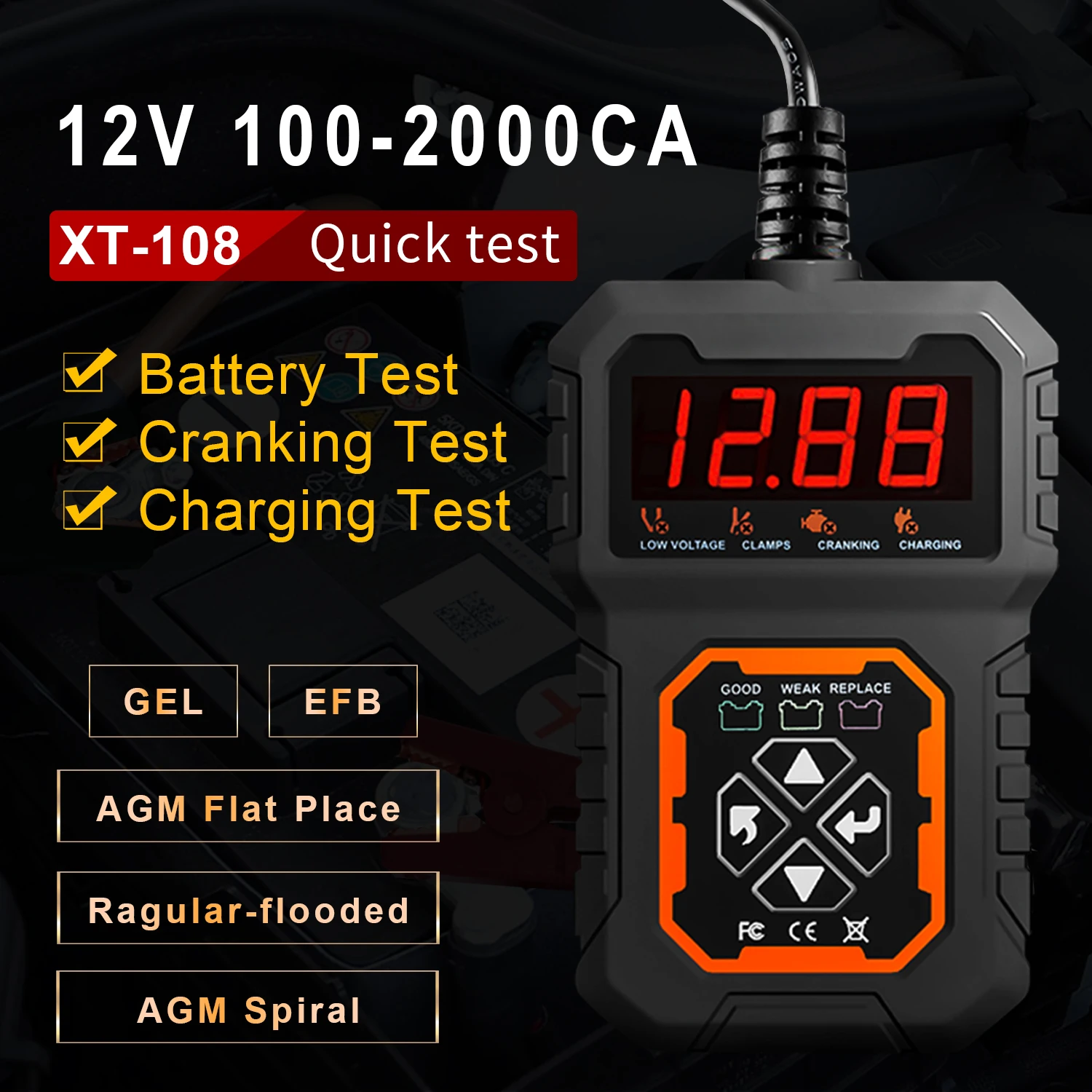 Xin Tester Тестер автомобильного Аккумулятора 12V Автомобильный, Анализатор Нагрузки 100-2000 CCA + Цифровой Тестер Автоматической Системы Проворачивания и Зарядки 3