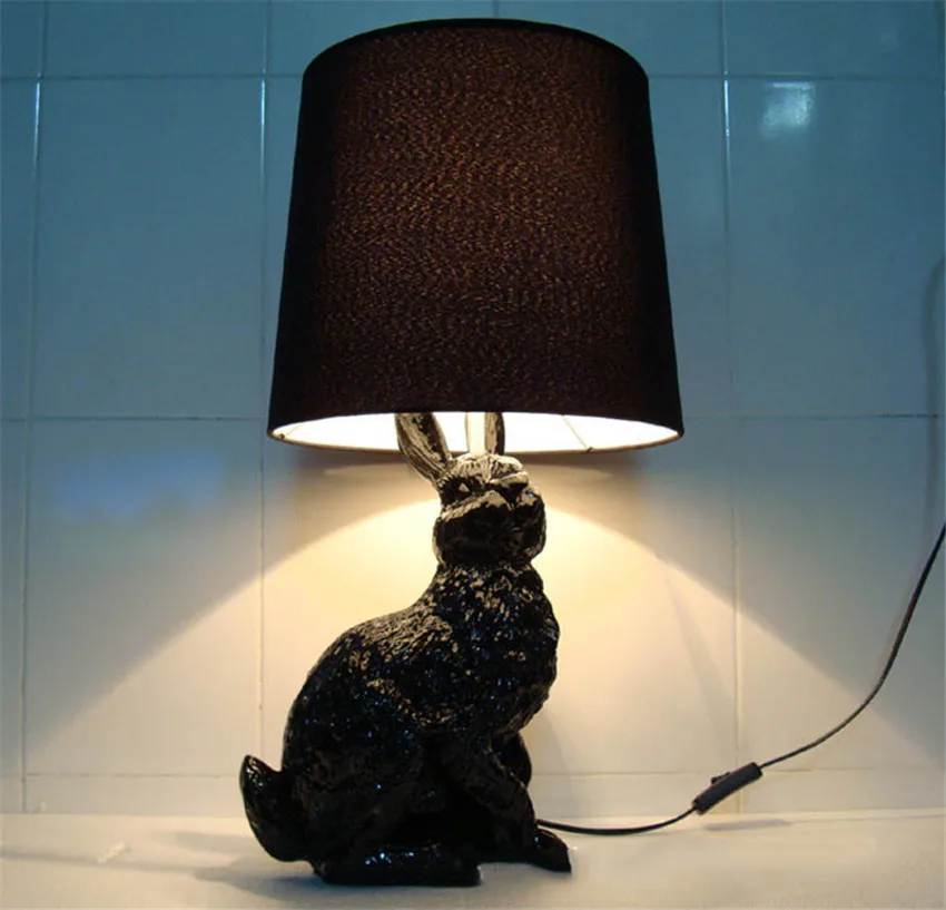 JW_Resin Форма Кролика Современный Креативный Светодиодный настольный светильник, черно-белый Тканевый абажур, настольная лампа, Прикроватная тумбочка для гостиной, настольная лампа в стиле деко