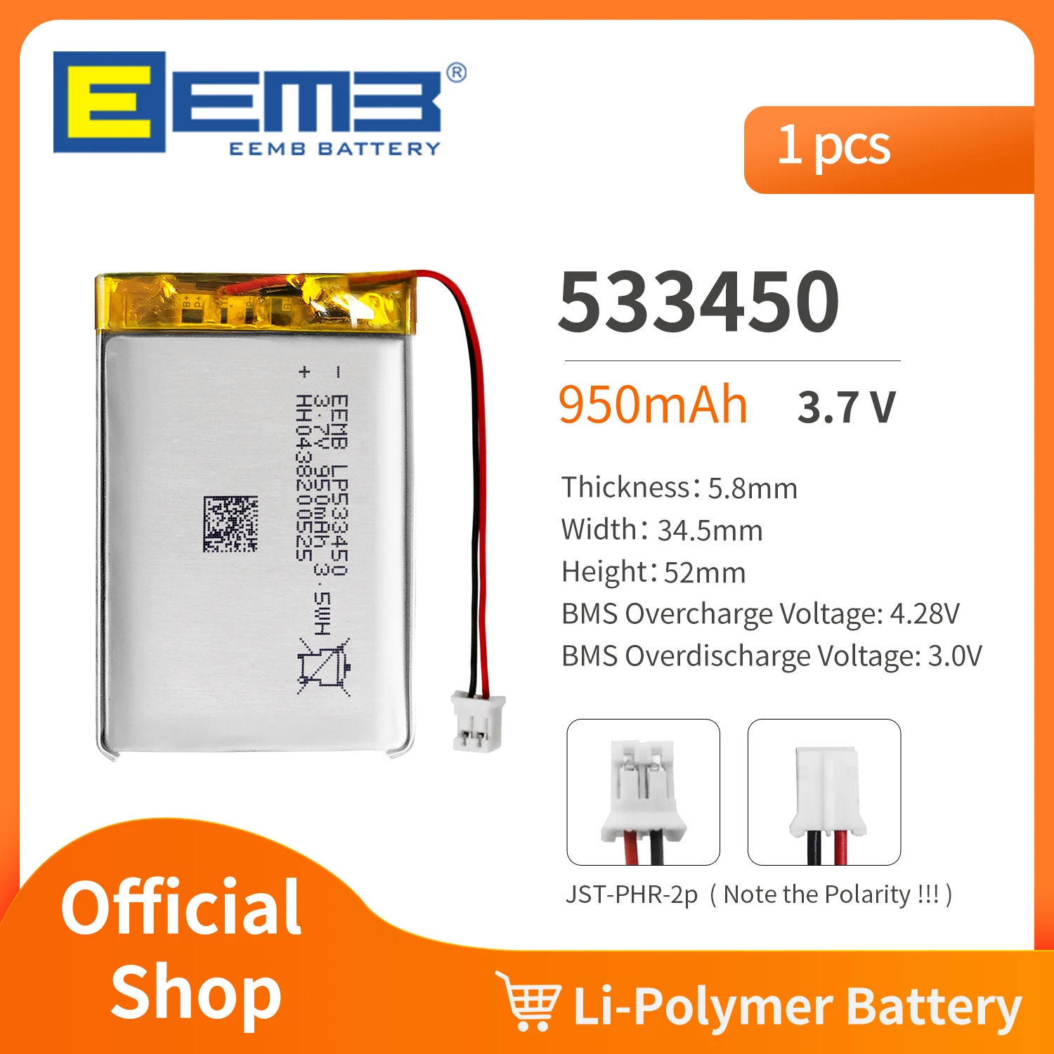 EEMB 533450 Аккумулятор 3,7 В 1300 мАч Литий-Полимерный Аккумулятор Для Видеорегистратора, Фонарика, Динамика Bluetooth, GPS, Камеры