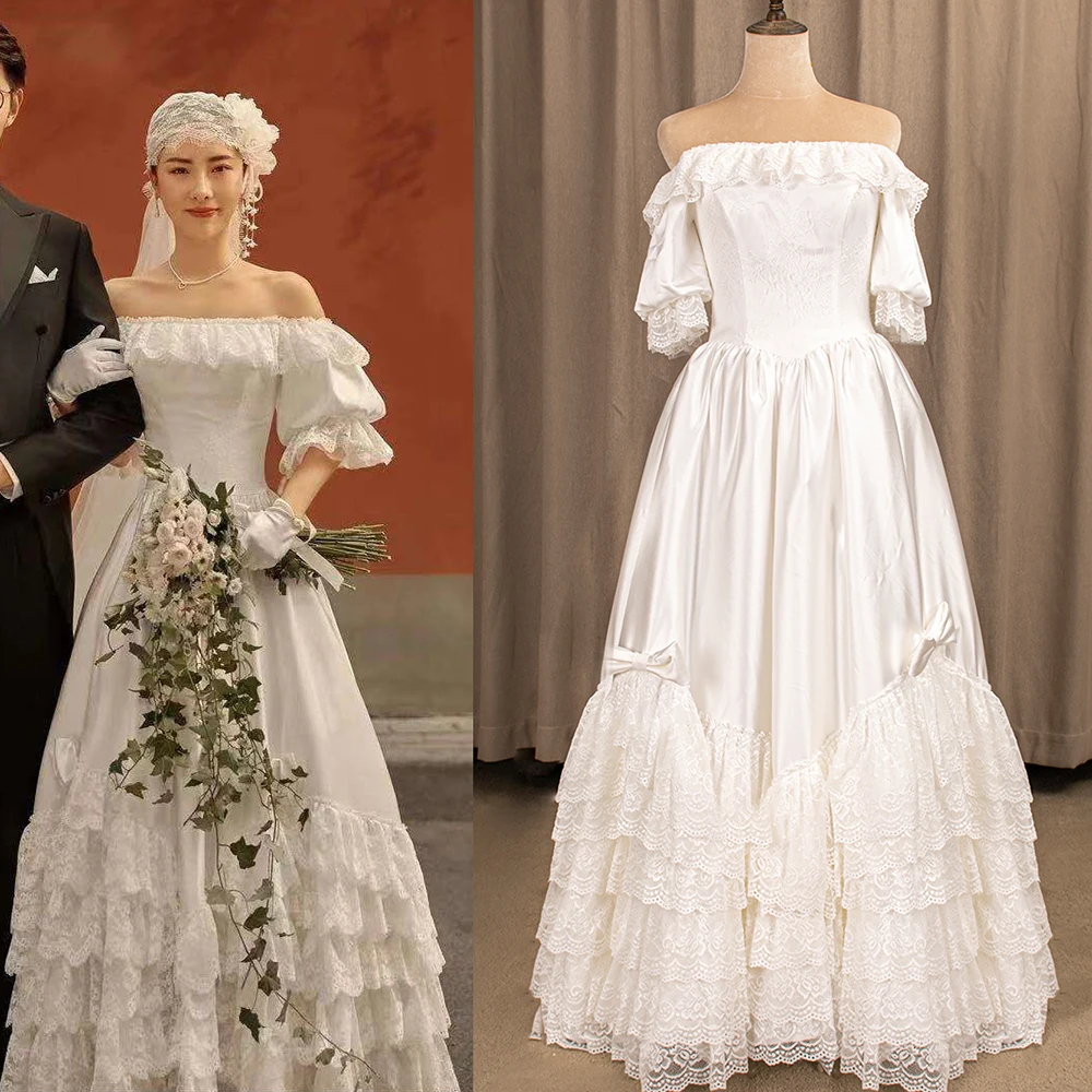 Винтажное свадебное платье в эдвардианском стиле с открытыми плечами, короткие рукава, Атласный корсет, аппликации, сшитые на заказ Свадебные платья из кружева в стиле ретро викторианской эпохи