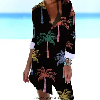 2023 Женские Гавайские рубашки с принтом листьев, Повседневные дышащие пляжные рубашки, Летний купальник с длинным рукавом и отложным воротником, кардиган, блузка