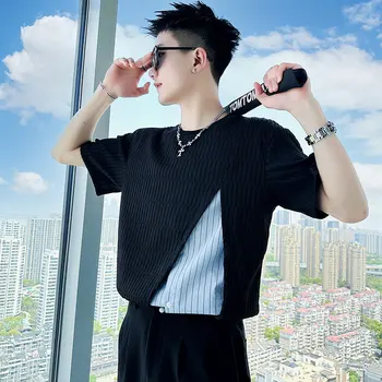 2023, Изысканная мужская мода, повседневная корейская версия, все в полоску, красивый социальный парень, мужская футболка с круглым вырезом и коротким рукавом