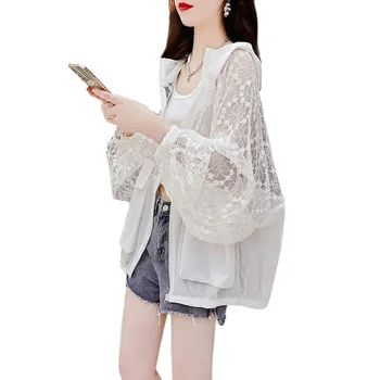 2023 Новая Модная Летняя Солнцезащитная Одежда Женская Мода Корейское Кружевное Сращивание С Капюшоном Тонкая Свободная Повседневная Женская Куртка Топы