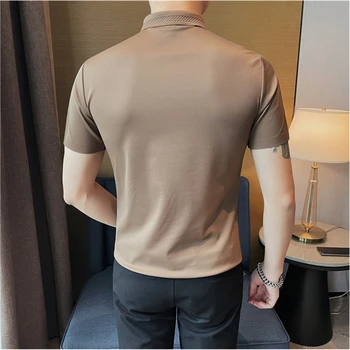 2023 Новая мужская летняя рубашка-поло из ледяного шелка с короткими рукавами, тонкая, легкая, роскошная мужская приталенная, офисная, элегантная повседневная 1