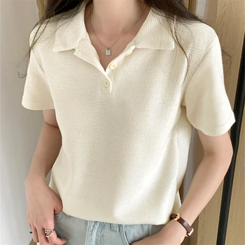 2023 Новые летние женские футболки-поло с коротким рукавом, повседневная Модная Корейская рубашка свободного кроя, Белые базовые топы, женские