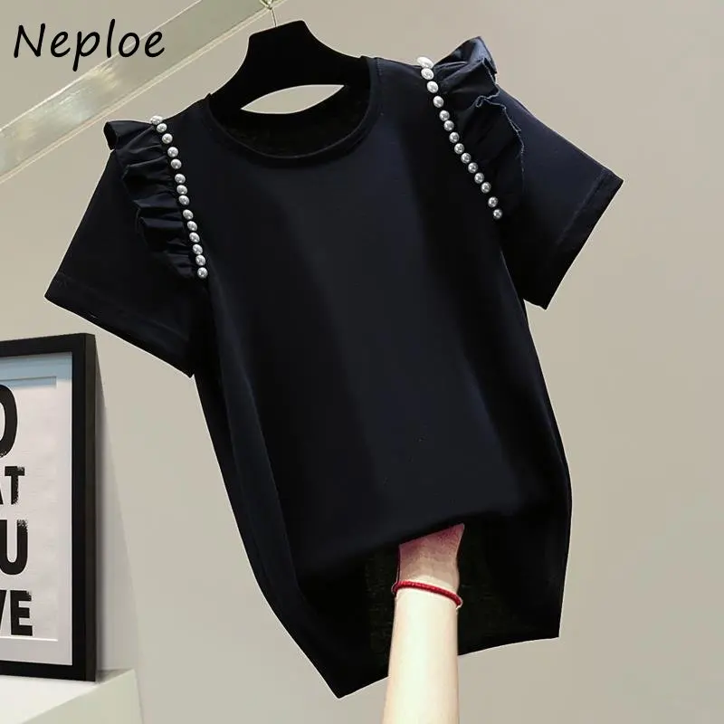 Neploe Корейский свободный тонкий топ 2023, Летние футболки с оборками, расшитые бисером, однотонная модная повседневная футболка с коротким рукавом