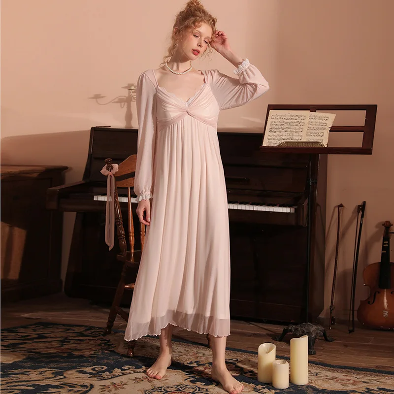 Женская Ночная рубашка с нагрудной накладкой, осенний стиль, V-образный вырез на груди, роскошная Дворцовая ночная рубашка из модальной сетки, однотонная длинная юбка 0