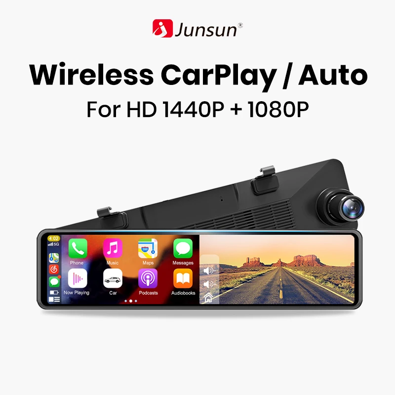 Junsun Wireless CarPlay Android Auto Автомобильный Видеорегистратор с Двойным Экраном Dash Cam 11,26 ”FHD 1440P Зеркало заднего Вида Потоковый Мультимедийный Видеомагнитофон