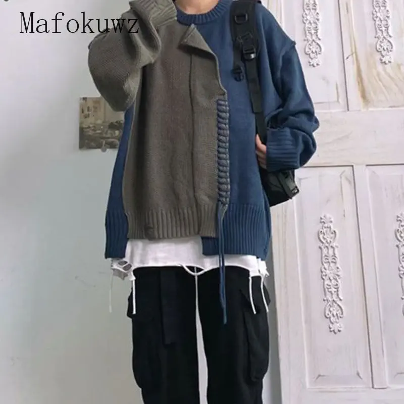 Mafokuwz Американский свитер в стиле пэчворк для мужчин и женщин 2023, осень-зима, нишевый дизайнерский жакет в японском стиле ретро Гранж, высококачественная вязаная куртка