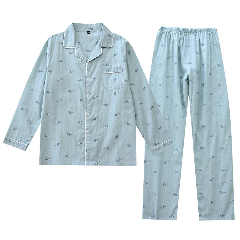 Мужская хлопчатобумажная пижама, костюм из хлопчатобумажной пряжи, Простая повседневная домашняя одежда, Брюки с длинным рукавом, пижама с эластичным поясом, Свободная повседневная пижама 4