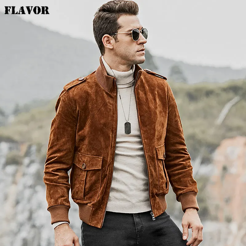 Мужская мотоциклетная куртка FLAVOR из натуральной кожи, мужское пальто из натуральной свиной кожи со стоячим воротником, кожаное пальто