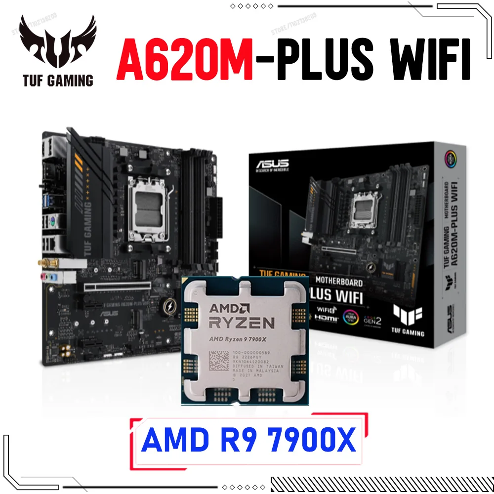 Материнская плата ASUS TUF GAMING A620M-PLUS WIFI DDR5 с разъемом AM5 для настольных компьютеров Материнская плата AMD A620 с процессором AMD Ryzen 9 7900X Combo для настольных компьютеров