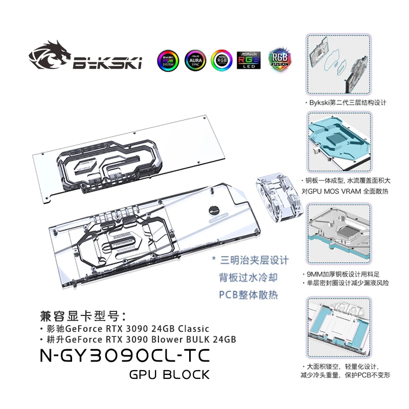 Использование водяного блока Bykski для Видеокарты GALAX RTX 3090 Classic/GAINWARD 3090 Blower Bulk GPU/Активное Охлаждение Задней панели/ Медный Радиатор