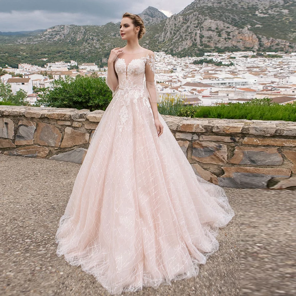 Блестящие розовые свадебные платья Vestidos De Noiva с коротким рукавом, пуговицы сзади, жемчужные аппликации, свадебные платья Mariage