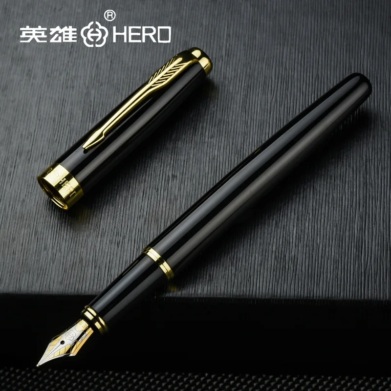 Металлическая перьевая ручка HERO многоразового использования, титаново-золотое перо 0,5 мм, глянцевая /матовая черная ручка, школьные ручки для делового офиса