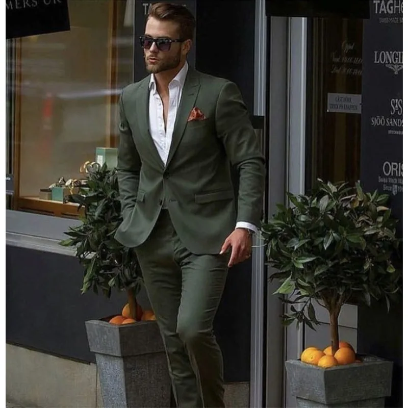 Повседневные стильные 2 предмета (куртка + брюки) Темно-зеленый мужской костюм, приталенный смокинг жениха, Модные свадебные костюмы на заказ, блейзер для выпускного вечера