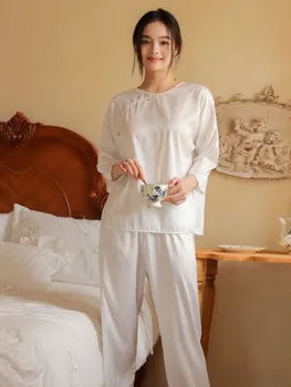 QSROCIO Модный атласный пижамный комплект в китайском стиле с рисунком в елочку, женская весенне-осенняя повседневная домашняя одежда, похожая на шелк. 2