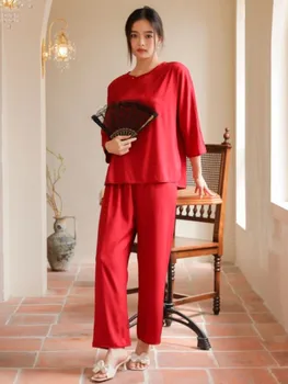 QSROCIO Модный атласный пижамный комплект в китайском стиле с рисунком в елочку, женская весенне-осенняя повседневная домашняя одежда, похожая на шелк. 3