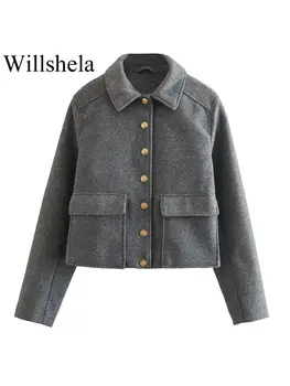 Willshela Женская мода с карманами, серые однобортные куртки, винтажный вырез с лацканами, Длинные рукава, женские шикарные женские топовые наряды 0