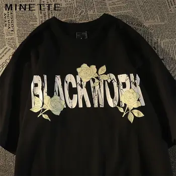 Американский хип-хоп, нейтральная уличная футболка с перекрестным принтом розы, модный летний ретро-топ Y2K, свободный топ с коротким рукавом
