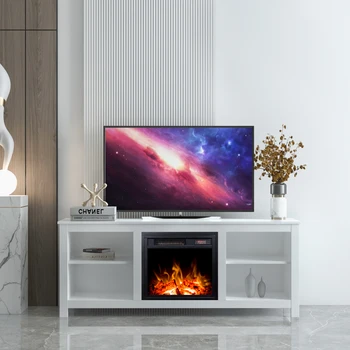 белый шкаф для телевизора, электрический камин, телевизионная консоль, подключаемый настенный обогреватель с дистанционным управлением, отопление гостиной