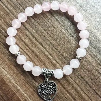 Браслет для женщин и мужчин, браслет из розового кристалла 8 мм, подвеска в виде дерева любви, молитвенные четки для йоги, браслеты из бусин Мала, браслеты
