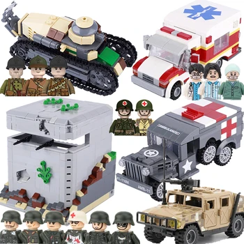 Военный бронированный автомобиль, строительные блоки, фигурки солдат, Подарки, Игрушки, оружие, Пушки, танк, Медицинская машина скорой помощи, крепость, внедорожник
