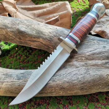 Высококачественный Охотничий нож с лезвием из стали 8CR15Mov и деревянной ручкой - Острый и надежный Прямой нож с покрытием из ткани Оксфорд