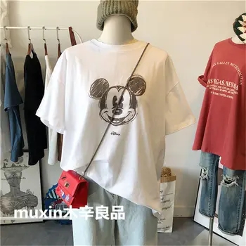 Женская футболка с короткими рукавами Лето 2022 Disney Новый Корейский стиль Ins Модный мультфильм Микки Ретро Свободная легкая подходящая одежда
