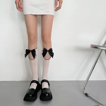 Женские кружевные носки до колена, украшенные бантом, выдалбливают Мягкие повседневные эластичные носки-трубки Уличные высокие носки Черный, белый