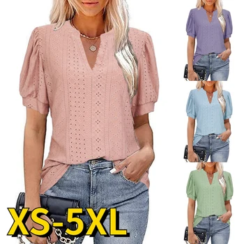 Женские Повседневные Весенне-летние топы, Женская мода, V-образный вырез, Однотонная Свободная футболка с Пузырчатым рукавом, Новая Базовая футболка XS-5XL
