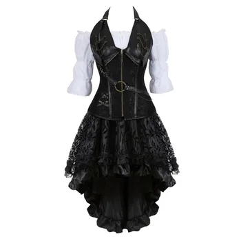 Женское корсетное платье в стиле стимпанк, кружевные платья с цветочным рисунком, бюстье, асимметричная юбка, комплект из трех предметов, пиратский костюм