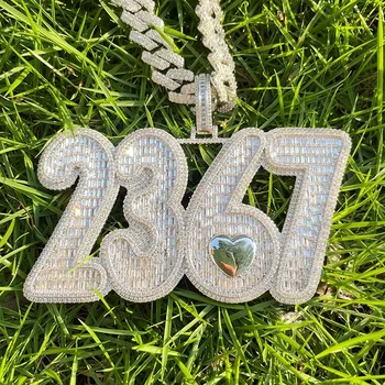 Индивидуальное именное ожерелье с Обледеневшим номером, Подвеска в виде сердца для мужчин, Большой Багет, хип-хоп, Рок-Рэппер, ювелирные изделия