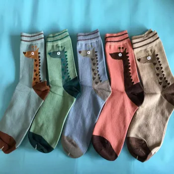 Милые забавные носки для мужчин с мультяшным Жирафом, разноцветный хлопок, осень-зима, женские повседневные носки 5 пар / лот