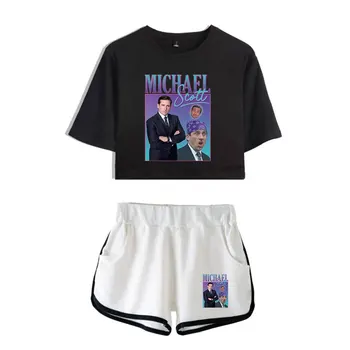 Модные топы с винтажным логотипом Майкла Скотта, комплект из двух предметов, шорты + милая футболка, уличная одежда в стиле Харадзюку, комплекты для девочек, мода
