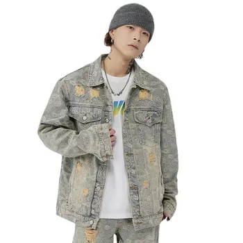 Мужская джинсовая куртка Hi Street из рваной ткани с рисунком Пейсли, Модная уличная одежда, Разрушенное джинсовое пальто, Верхняя одежда в стиле хип-хоп большого размера