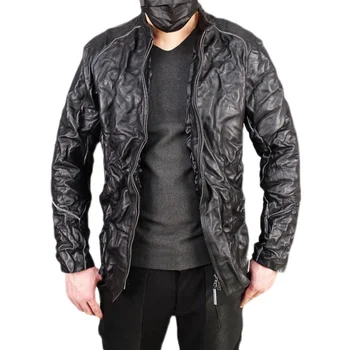 Мужская куртка из воловьей кожи с коротким тонким воротником-стойкой, плиссированная мотоциклетная винтажная дизайнерская одежда в готическом стиле