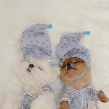 Мультяшный пижамный костюм Одежда для собак Пальто со звездой для домашних животных Одежда для собак Костюм Французского Бульдога Милый Весенне-летний Синий Ошейник для мальчика Perro