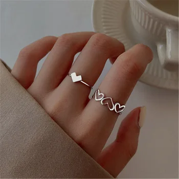 Набор металлических регулируемых открывающих колец серебристого цвета для женщин, Креативное кольцо на палец с сердечком, Модные украшения для вечеринок, Пара Колец