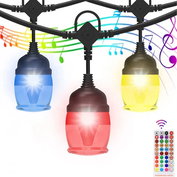 Наружные светодиодные гирлянды, синхронизация музыки Подвесные гирлянды с 12 лампочками RGB с регулируемой яркостью Водонепроницаемые наружные гирлянды